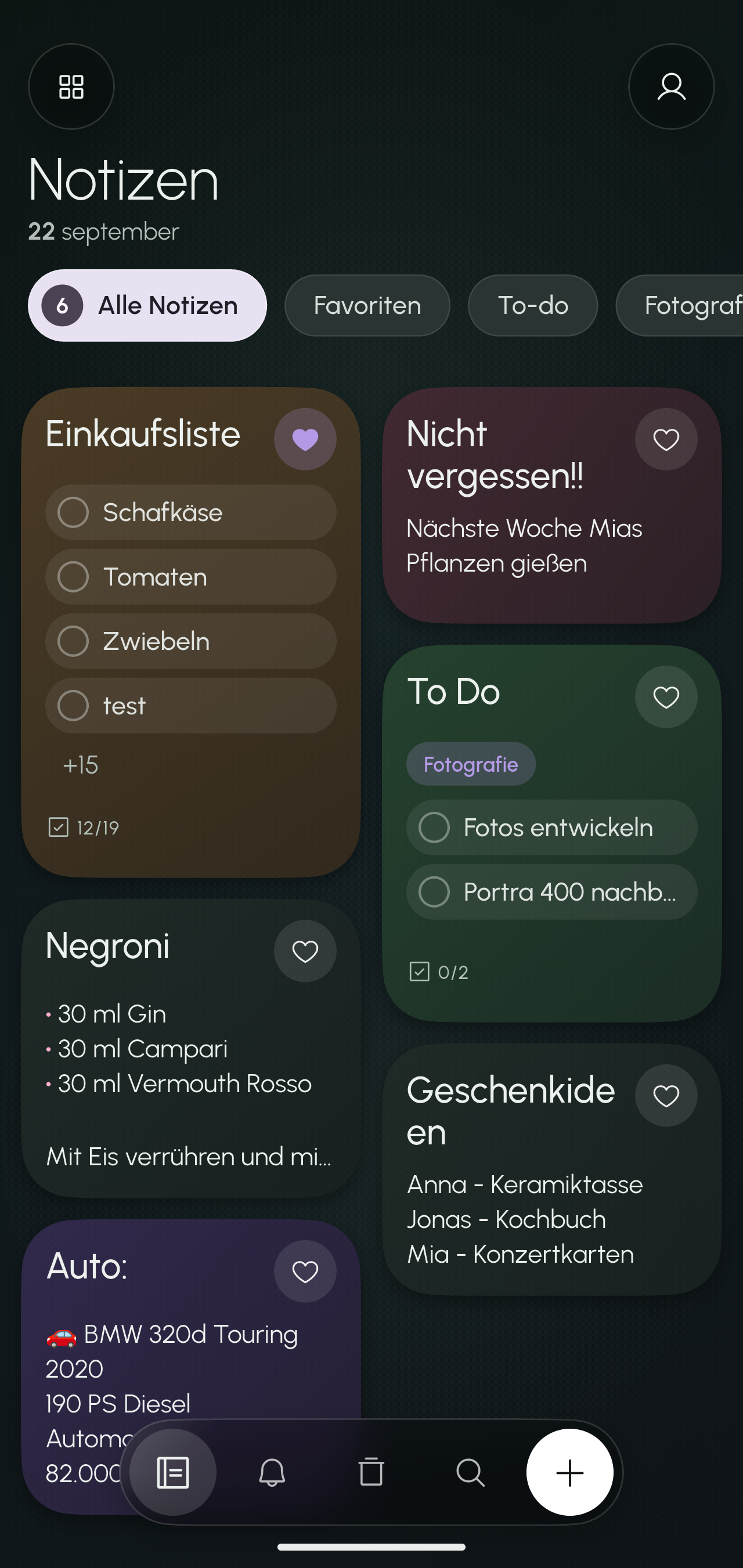 Safernotes auf Android mit farbigen Notizkarten und Navigation am unteren Bildschirmrand